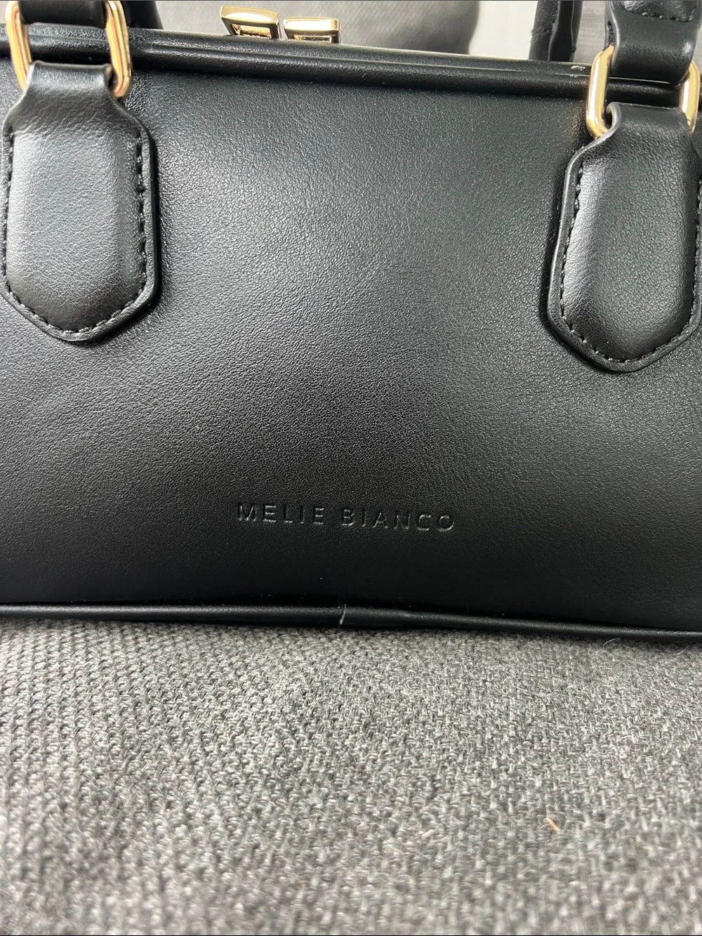 Melie Biiano Black Double-Handle Barrel Satchel with Gold-Tone Hardware